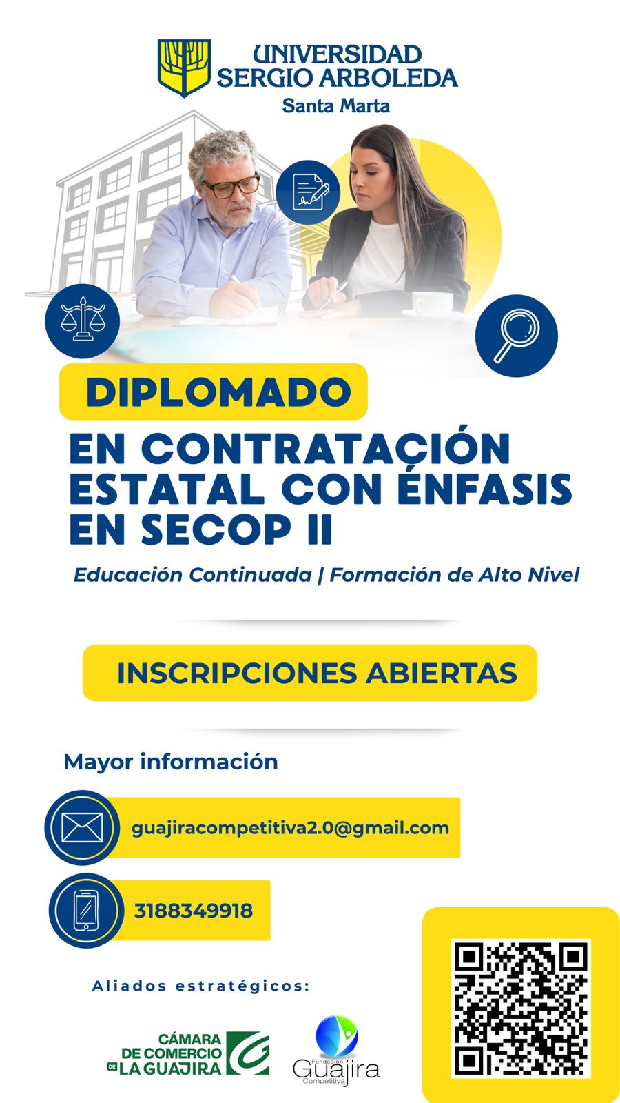 Publicidad oficial del Diplomado en Contratación Estatal 2026 de la Fundación Guajira Competitiva con énfasis en SECOP II